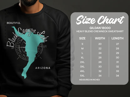 Crewneck sweatshirt size chart with Arizona Canyon Lake graphic.