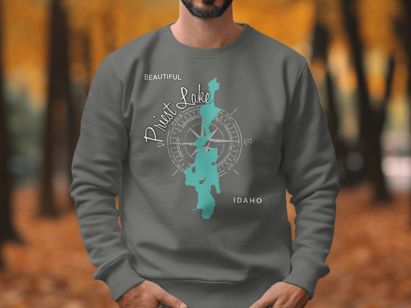Grey sweatshirt with teal Priest Lake, Idaho map and compass design.