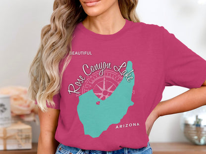 Pink t-shirt with Rose Canyon Lake map outline and compass graphic.
