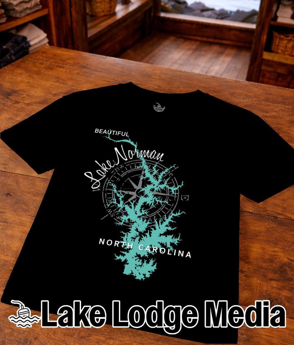 Black t-shirt with compass and "Lake Norman North Carolina" text.