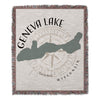 Woven blanket with Geneva Lake map, compass rose, and "WISCONSIN" text.