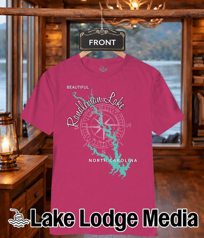 Pink t-shirt with "Beautiful Randleman Lake" compass graphic.