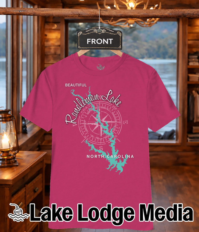 Pink t-shirt with "Beautiful Randleman Lake" compass graphic.
