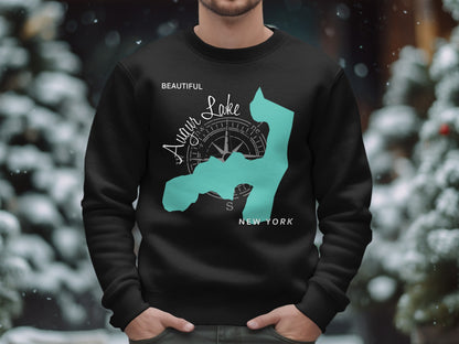 Black sweatshirt with teal map outline and compass graphic for Schuyler Lake, New York.