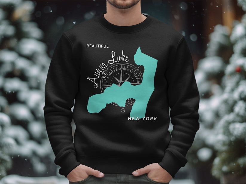 Black sweatshirt with teal map outline and compass graphic for Schuyler Lake, New York.