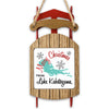 Ornament shaped like a sleigh with "Merry Christmas from Lake Kabetogama" text.