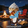 Dessert with whipped cream and coffee, campsite scene with fire and lake, "Lake Gregory" text.