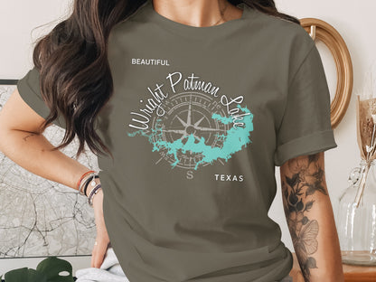 Green t-shirt with compass rose and Wright Patman Lake map design.
