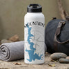 White water bottle with "Mountain" text, blue lake outline, and compass graphic.