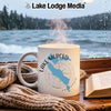 White mug with Lake Merced, California map and compass design.