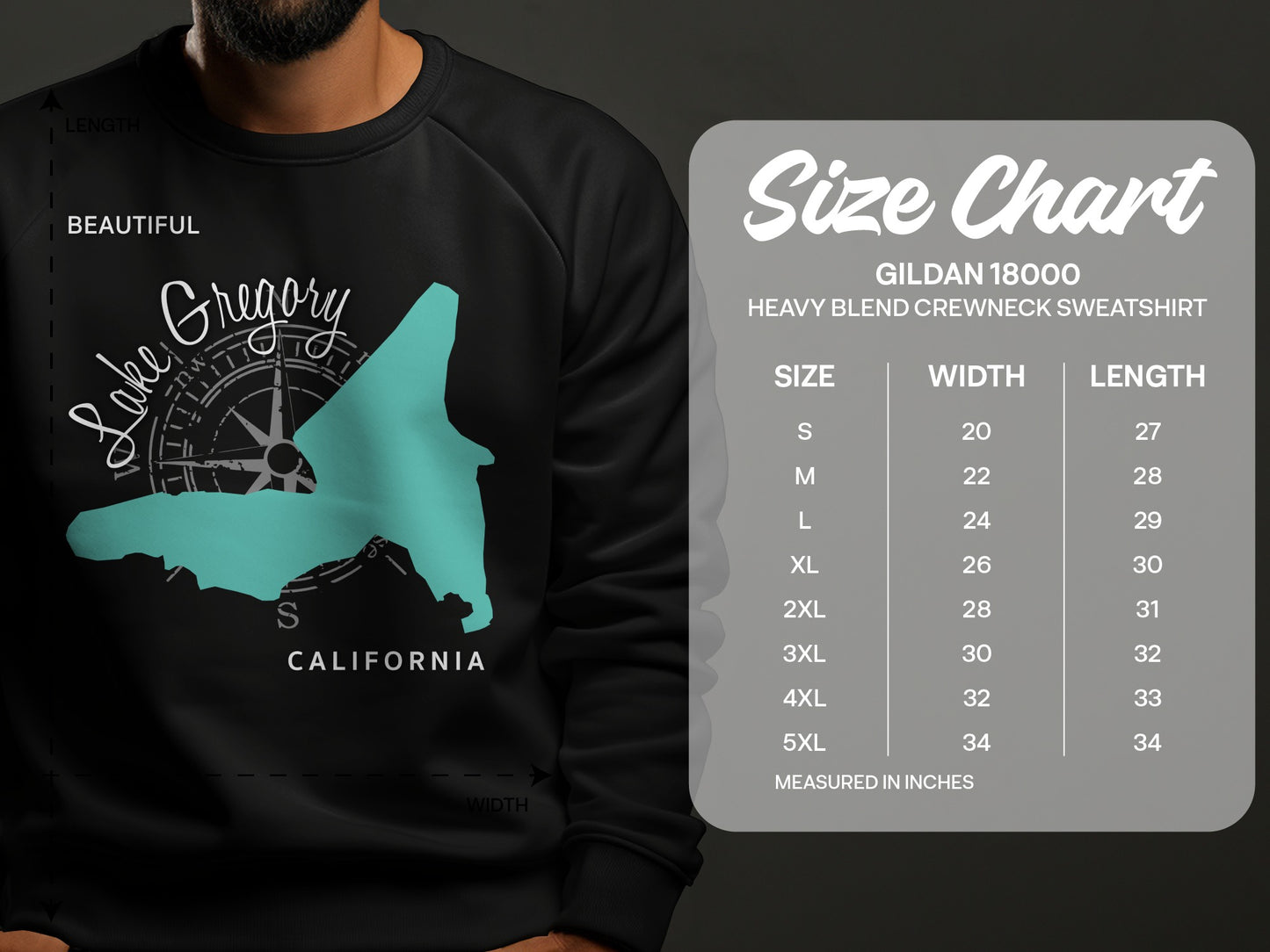 Gildan 18000 sweatshirt size chart with California map graphic.