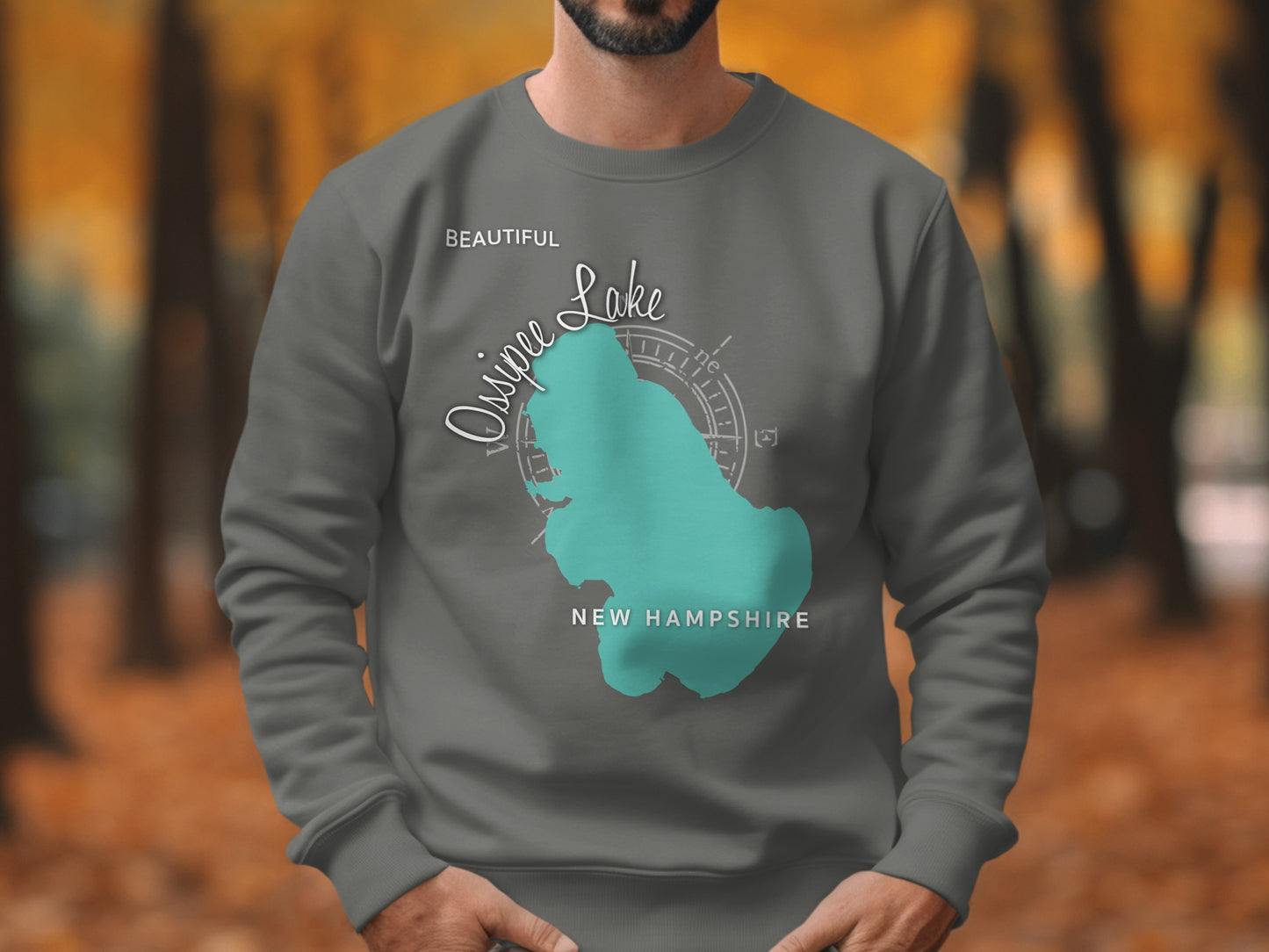 Grey sweatshirt with turquoise lake map and "Beautiful Ossipee Lake New Hampshire" text.