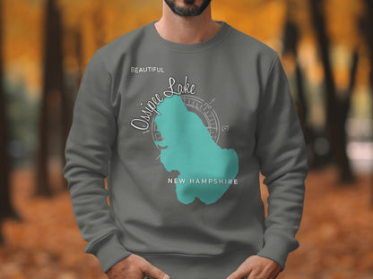 Grey sweatshirt with turquoise lake map and "Beautiful Ossipee Lake New Hampshire" text.