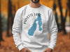 White sweatshirt with Payette Lake Idaho design and compass graphic.