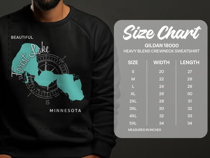Crewneck sweatshirt with Forest Lake Minnesota graphic and size chart.