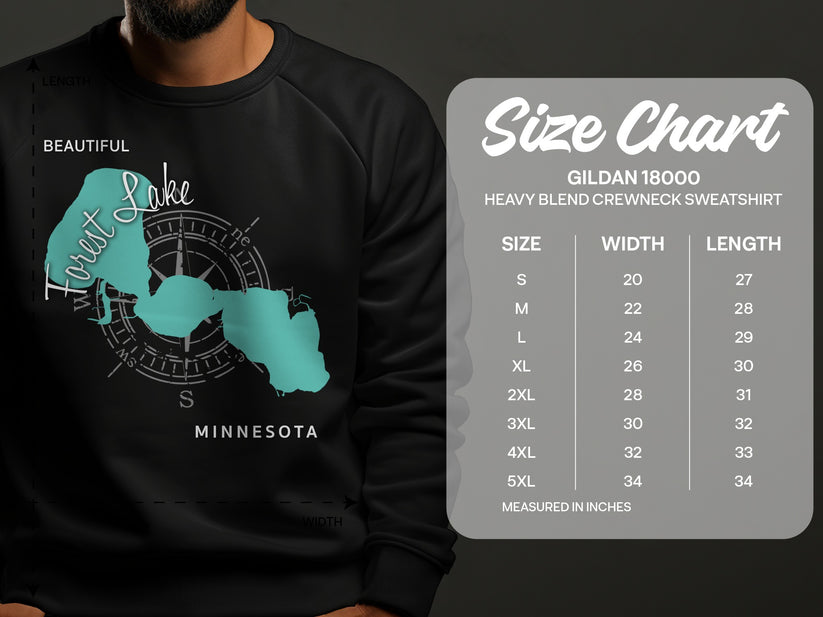Crewneck sweatshirt with Forest Lake Minnesota graphic and size chart.