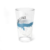 Clear glass pint glass with blue map of Enid Lake and compass design.