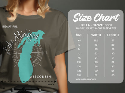 Michigan outline graphic with compass rose and size chart.