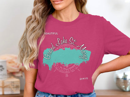 Pink t-shirt with teal Grand Lake St. Marys and compass graphic.
