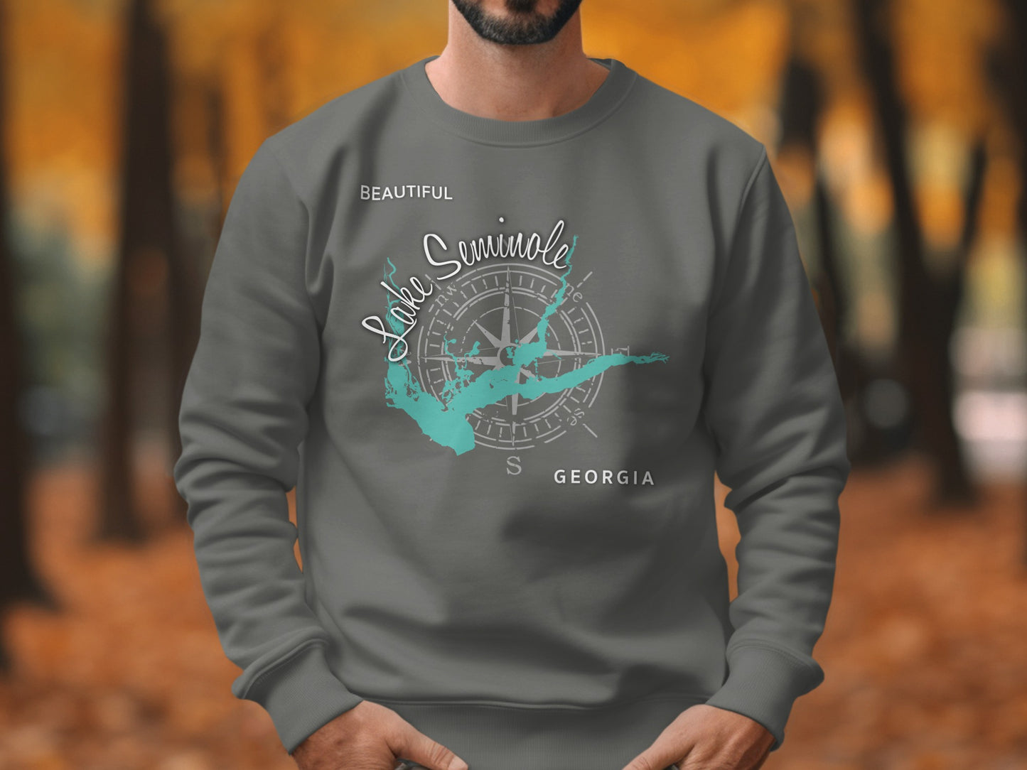 Grey sweatshirt with "Beautiful Lake Seminole Georgia" and compass rose.