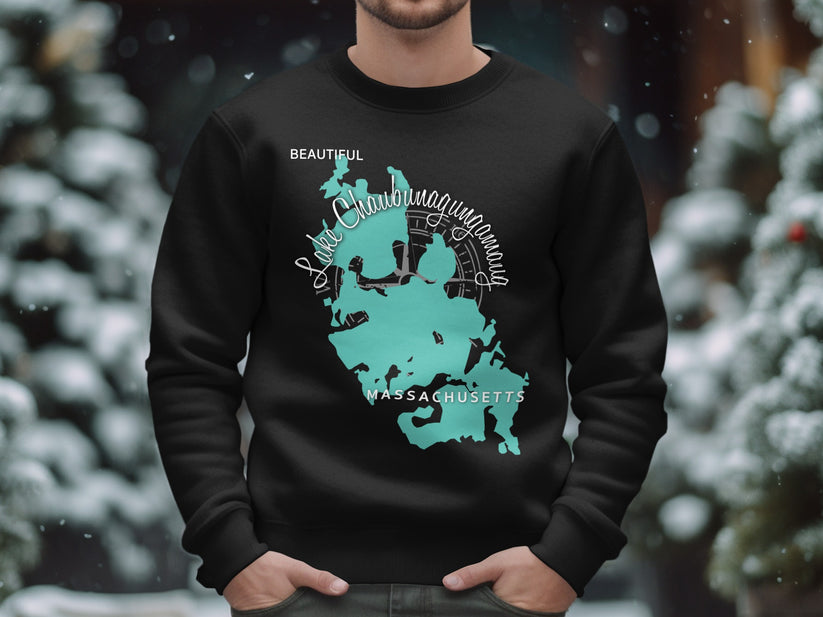 Black sweatshirt with a teal map of Lake Chaubunagungamaug, Massachusetts.