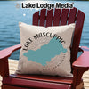 Pillow with Lake Mascuppic New Hampshire map design on Adirondack chair.