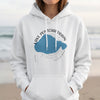 White hoodie with Lake Pontchartrain, Louisiana graphic and compass rose detail.
