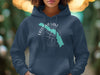 Navy hoodie with a teal outline of Eklutna Lake, Alaska and compass rose graphic.