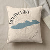 Dream Lake Colorado pillow with a blue lake outline and compass rose graphic.