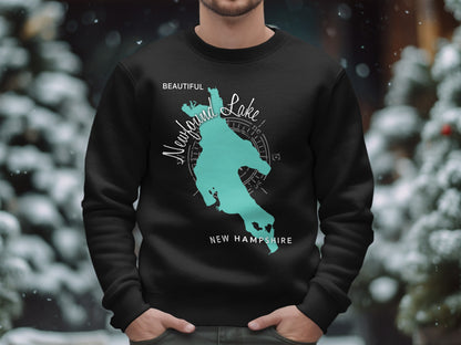 Black sweatshirt with a teal map of Newfound Lake, New Hampshire.
