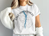 White t-shirt with Lake Windermere England compass design and blue lake map.