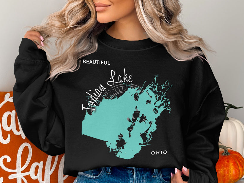 Black sweatshirt with teal Indian Lake map and "OHIO" text.