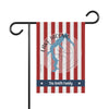 Garden flag with red and white stripes, Lake Jacomo Missouri map, compass, and "The Smith Family" text.