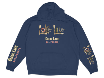 Navy hoodie with "Clear Lake California" text and nautical graphics.