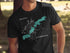 Black t-shirt with a teal map of Prior Lake and a compass graphic.