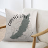 Carlyle Lake Illinois map design on a linen pillow with compass rose graphic.