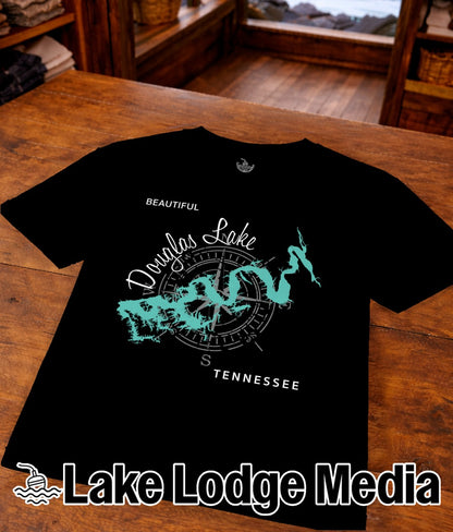 Black t-shirt with "Douglas Lake Tennessee" text and compass rose graphic.