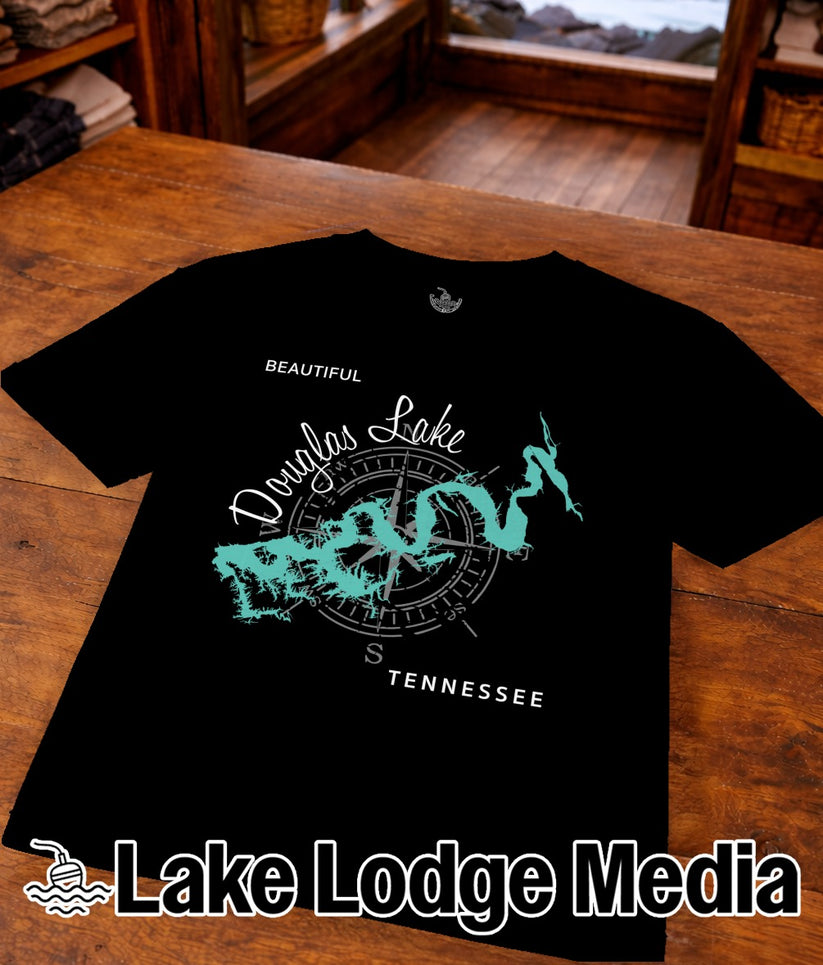 Black t-shirt with "Douglas Lake Tennessee" text and compass rose graphic.