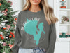 Gray sweatshirt with teal Sebago Lake, Maine map and compass design.