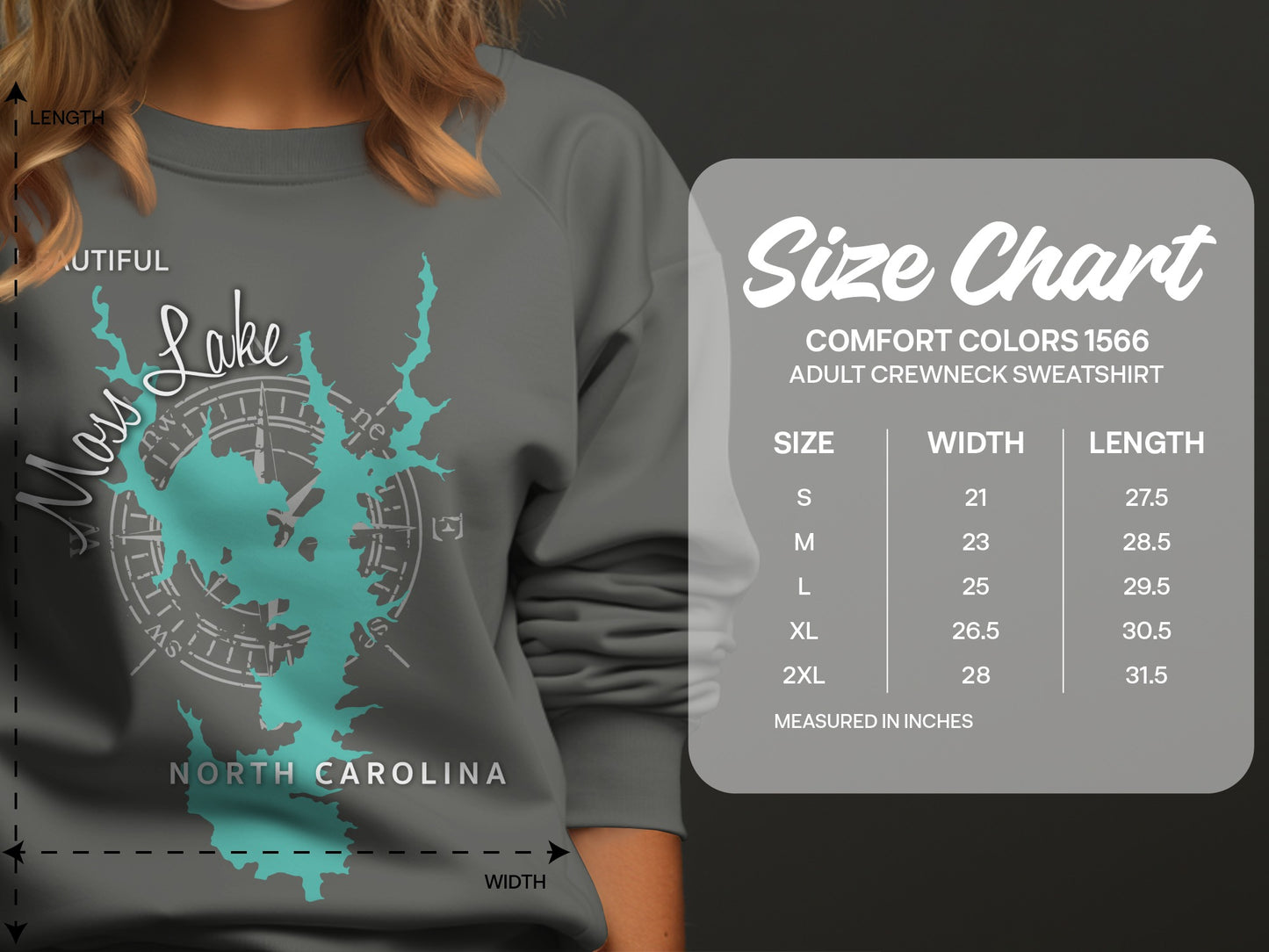 Comfort Colors 1566 size chart for adult crewneck sweatshirt.