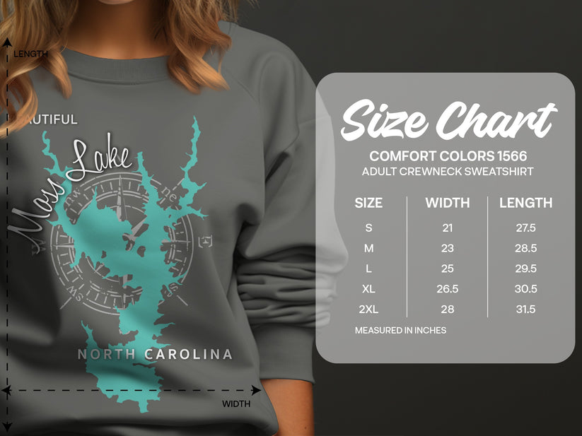 Comfort Colors 1566 size chart for adult crewneck sweatshirt.