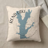 Cream pillow with blue Rend Lake Illinois map and compass rose design.