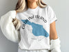 White t-shirt with blue Catalina Island map and "CALIFORNIA" text.