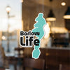"Barlow Life" sticker with a teal silhouette over a blurred background.