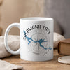 White mug with Salamonie Lake Indiana map and compass design, steam rising.