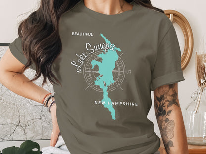 Olive t-shirt with "Lake Sunapee New Hampshire" map graphic and compass rose.