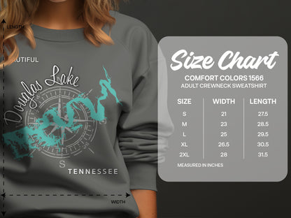 Douglas Lake Tennessee sweatshirt size chart with measurements.