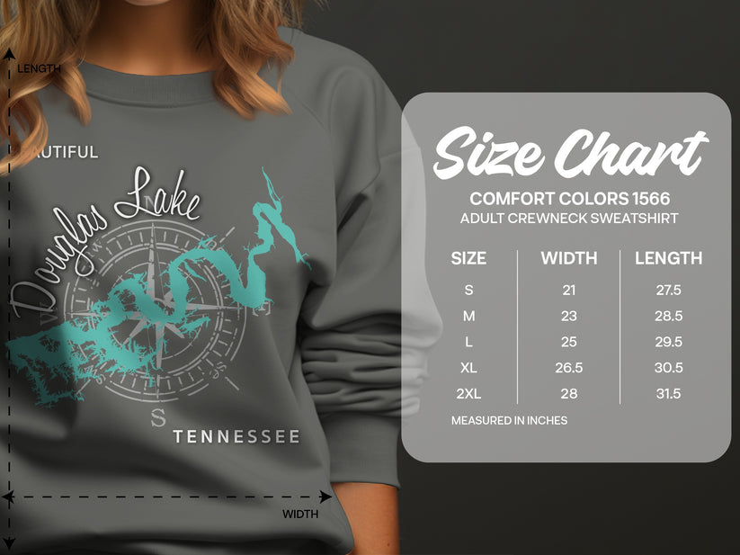 Douglas Lake Tennessee sweatshirt size chart with measurements.