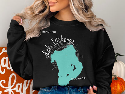 Black sweatshirt with turquoise Lake Istokpoga map and "Beautiful Florida" text.