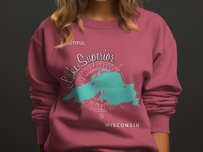 Pink sweatshirt with Lake Superior map and compass graphic.